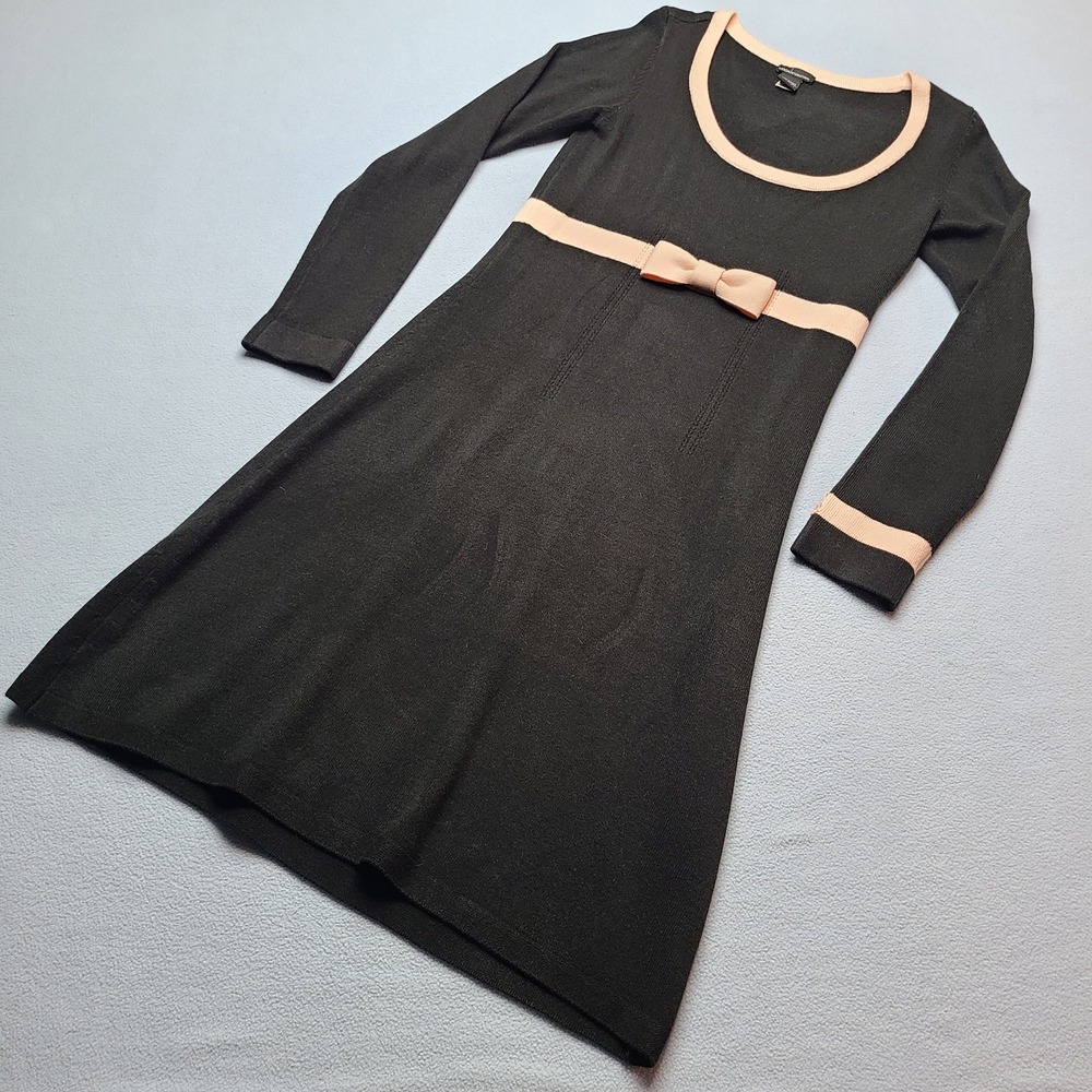 Moda International Sweater Dress Women Medium Black Pink Excellent Bow A-Line